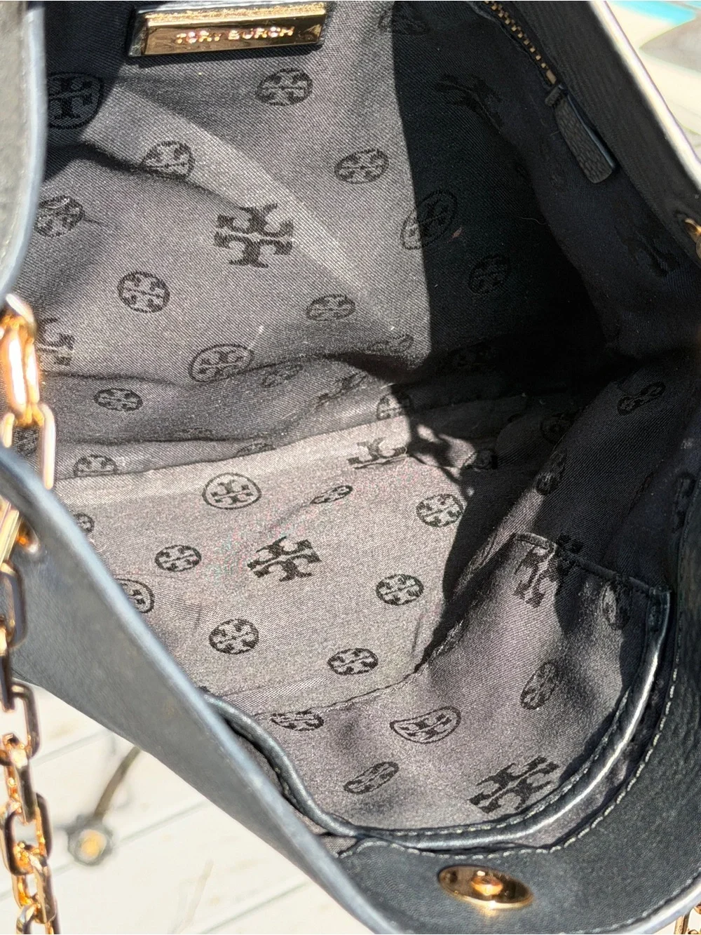 Tory Burch Black Pebbled Leather Gold Chain Shoulder Tote Bag